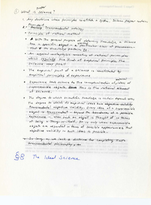 Paper with handwritten notes in black ink about science and philosophy.