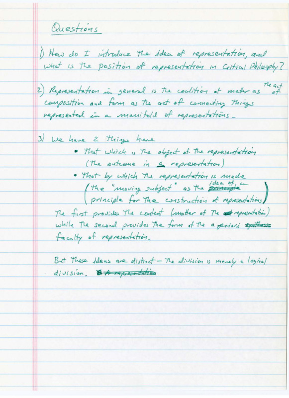 Lined paper with handwritten notes in green ink about critical philosophy.