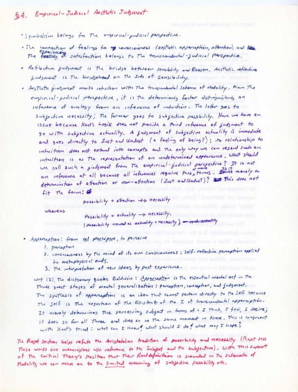 Paper with handwritten notes in blue and red ink about philosophy.