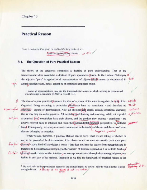 Typewritten chapter about practical reason with margin notes and corrections in red ink and pencil.