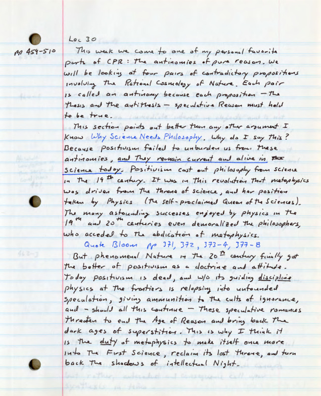 Lined notebook paper with handwritten notes in black and blue ink about philosophy.