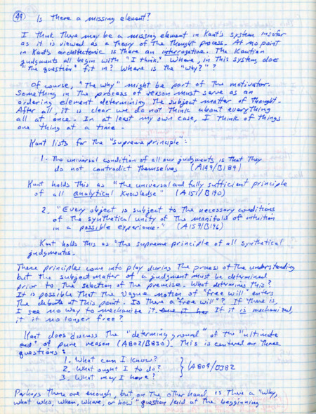 Graph notebook paper with handwritten notes in blue ink about Immanuel Kant's work on judgment and perception.
