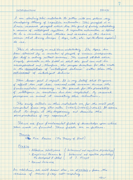 Graph notebook with handwritten notes in blue ink about cognition.