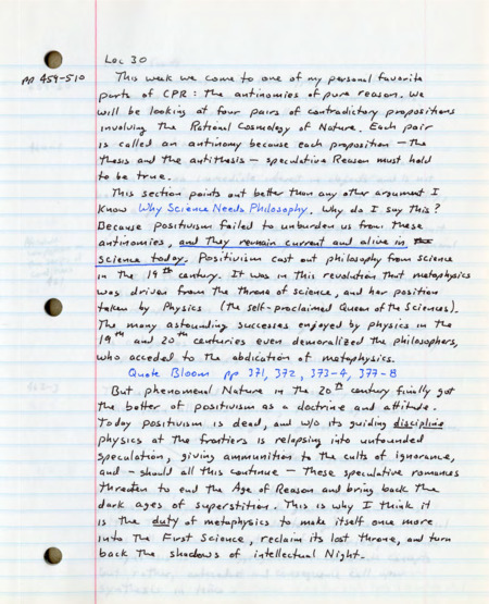 Lined notebook paper with handwritten notes in black and blue ink about philosophy.