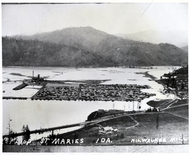 A photo of Milwaukee Lumber Company during flood, St. Maries, Idaho that was taken in December.