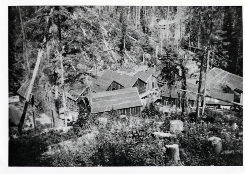 Rose Lake Lumber Company, Falls Creek Camp. According to Dick Reed this was a typical camp of that time: capacity about 40 men, double deck single bunks, five bunkhouses, wash house, office, _ shack, kitchen and mess house, barn blacksmith shop, barn wood shack, and filers shack. Courtesy of Tom Reed, Coeur d'Alene.