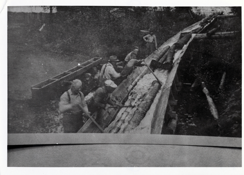 Crew separating logs at the Rose Lake Lumber Company flume, Falls Creek. Courtesy of Tom Reed.