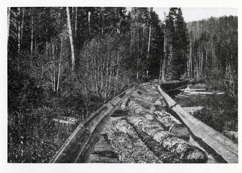 A picture of Brickle Creek flume operating as part of  Panhandle Lumber Company in West of Spirit Lake, Idaho. This photo is from an old post card. Courtesy of Mrs. Richard E. Ferrell, Spokane, Washington.
