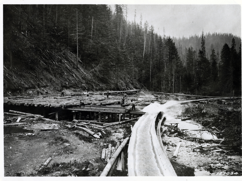 Pictured is the Winton Lumber Company on Skookum Creek from the chute and rollway to flume. Credit to the U.S.D.A. Forest Service.