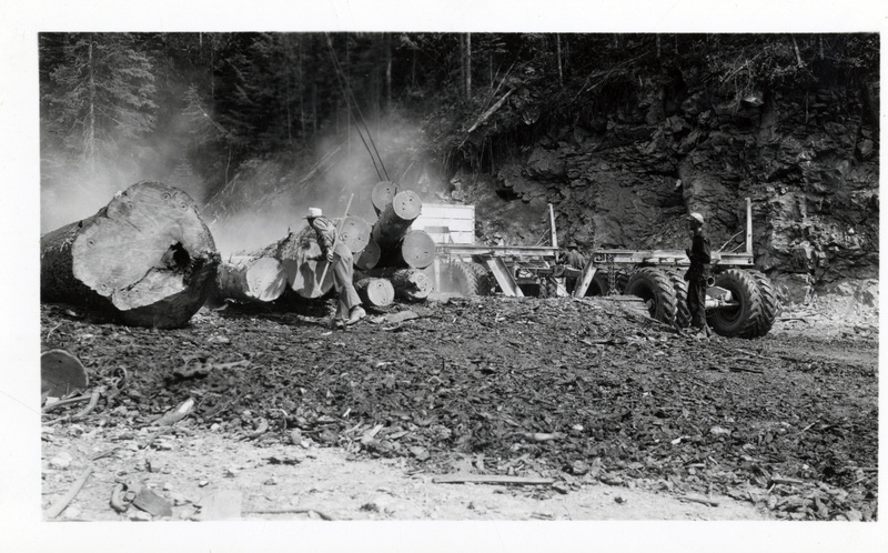 Potlatch Forests, Incorporated logs being scaled before being loaded onto a truck. The scaler (man on left) is Ralph Todd. Merry Creek Landing, Clarkia, Idaho.