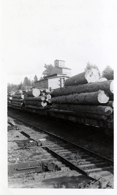Log train loaded with yellow pine in St. Maries, Idaho. Building in background reads: 'George O'Dwyer feed' Mr. O'Dwyer was the founder of a feed, grain, and building material business in St. Maries, Idaho.