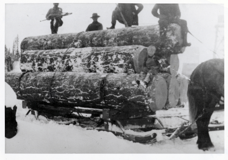 Sleigh loaded with logs. Joe Brown logging operation at Sanders, Idaho. Two visible men are left to right: Joe Brown and John Jordan. Child is Roy Brown. (ALS Esther St. George to Clarence C. Strong on 8-15-68.)