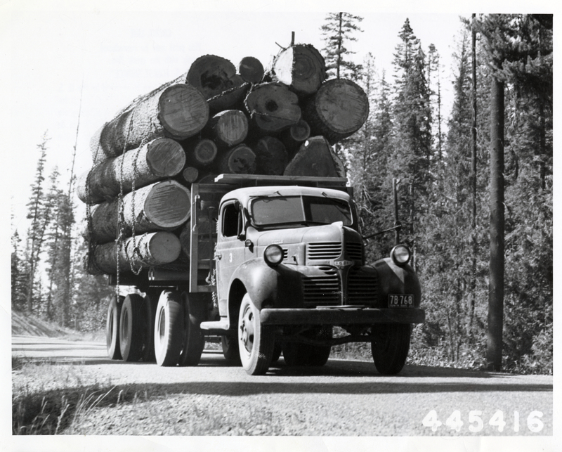 Truck loaded with logs in the Kaniksu National Forest. Taken in August. U.S. Forest Service photo.