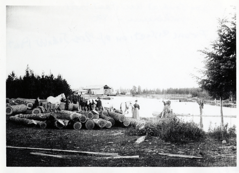 A.W. Post mill and log pond, Rathdrum, Idaho. Group portrait of people standing on the edge of the log pond, sawmill in background. Courtesy of Mrs. John Post, Coeur d'Alene, Idaho.