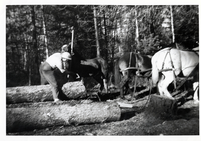 Marianne Hensley, Spirit Lake, helping on logging operations which she does regularly with her husband. Courtesy of Mrs. Hensley.