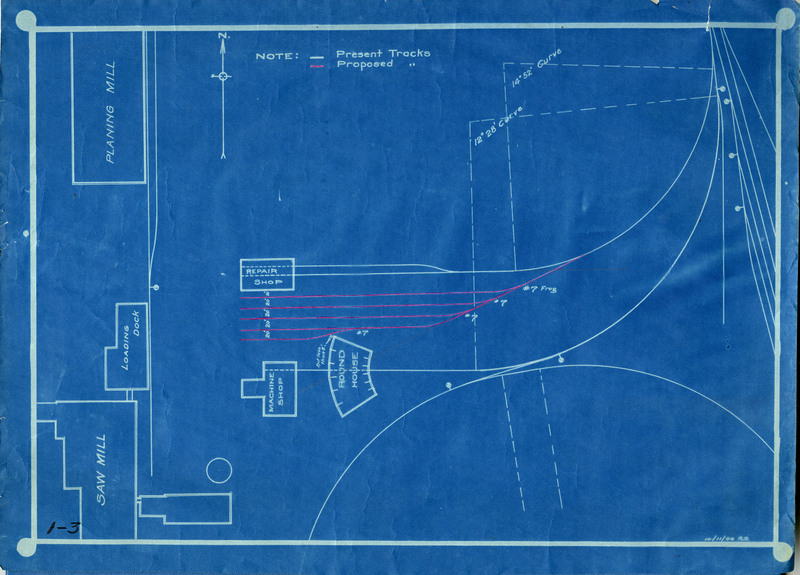 Car repair tracks at Potlatch showing location of machine shop, round house, repair shop saw mill, loading dock, and planing mill.