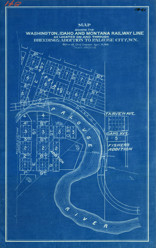 Map showing Washington, Idaho and Montana Railway Line as located on and through Breedings addition to Palouse City, WN.