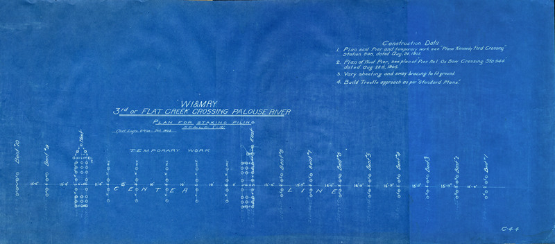 Temporary work from Chief Engn'rs office showing plan for staking piling at 3rd or Flate Creek Crossing at the Palouse River.