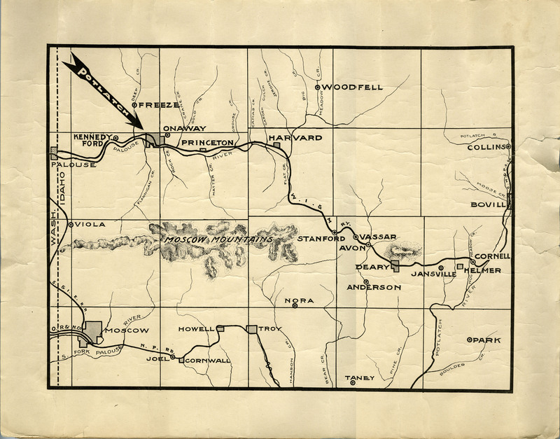 Advertising map for railway lines. Shown W.I.&M. route from Palouse to Bovill. Map includes Potlatch, Freeze, Onaway, Woodfell, Princeton, Harvard, Stanford, Vassar, Avon, Deary, Jansville, Helmer, Cornell, Bovill, Collin, Park, Taney, Nora, Troy, Howell, Cornwall, Joel, Moscow, and Viola. 