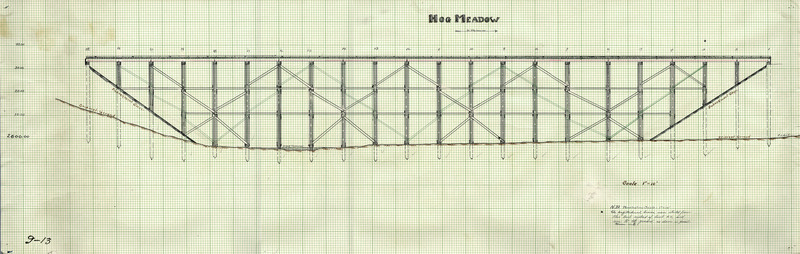 Diagram of Hog Meadow Creek trestle showing how original ground and embankment slope. Scale is 1 inch to 10 feet.