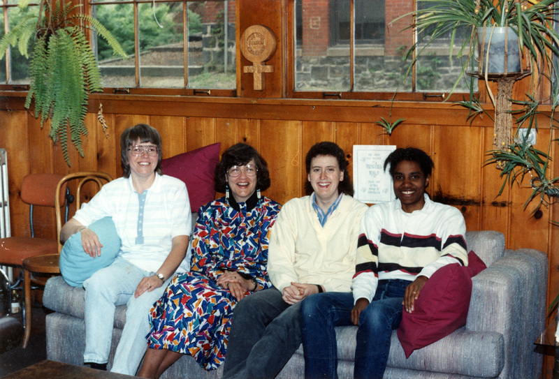 Inaugurating the brand new couch donated by Ginny Wolf. Left to right: Kay Keskinen, Betsy Thomas, Barb Yandle, Michelle Ward.