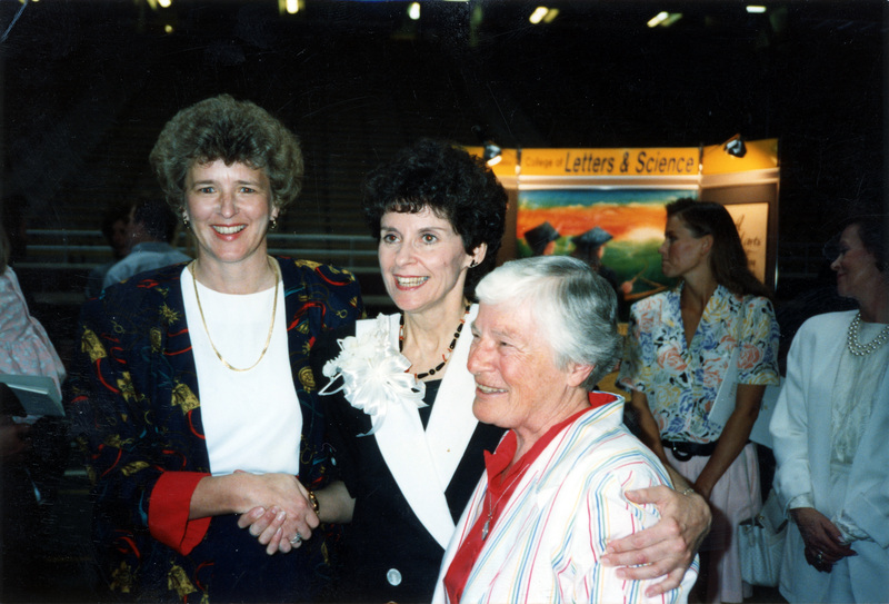 Several women standing together after Elisabeth Zinser's inauguration. Left to right: Kathy Clark, Elisabeth Zinser, and Virginia Wolf.