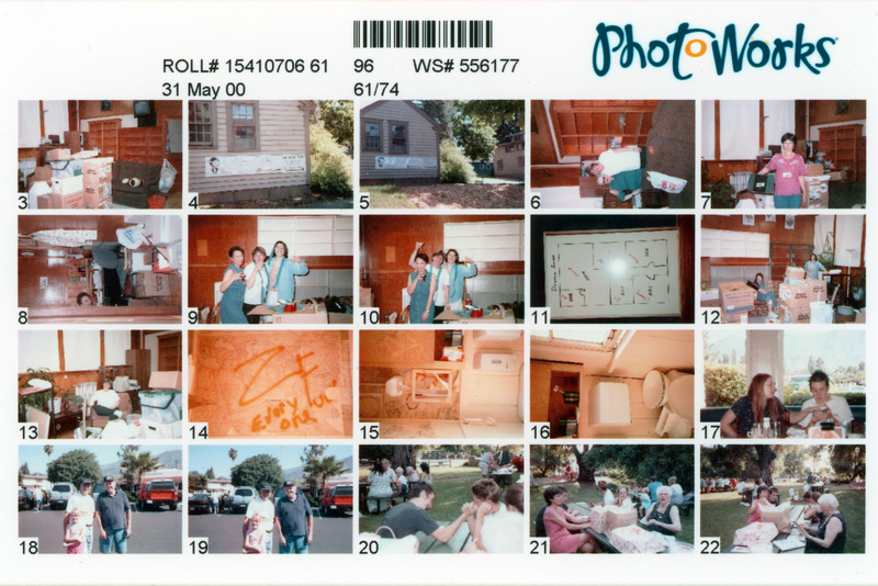 Twenty thumbnails of photos on Photoworks roll #15410706 61, from May 31, 2000. The thumbnails depict a move to the Annex building while Jeannie Harvey was the Women's Center director. Women's Center relocation from the Old Journalism Building to the Theatre Annex, Summer 2000.