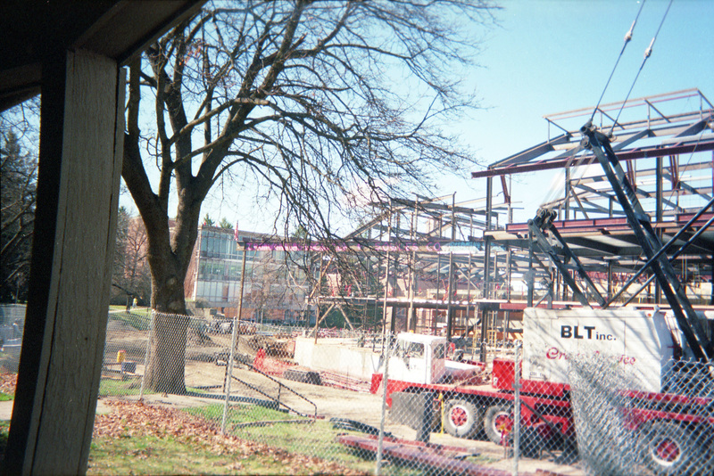 Construction of the Idaho Student Union Building (or the Idaho Commons). A bare tree can be seen on the left.