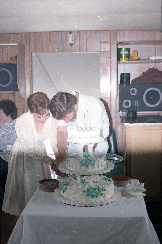 The bride and groom slicing the wedding cake. The cake is three tiered and decorated with blue flowers.