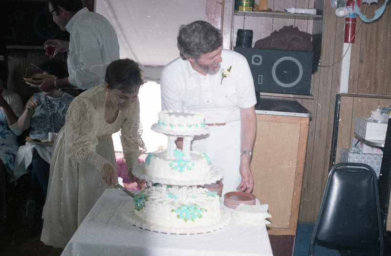 The bride and groom slicing the wedding cake. The cake is three tiered and decorated with blue flowers. Three guests can be seen on the left holding plates and drinks.