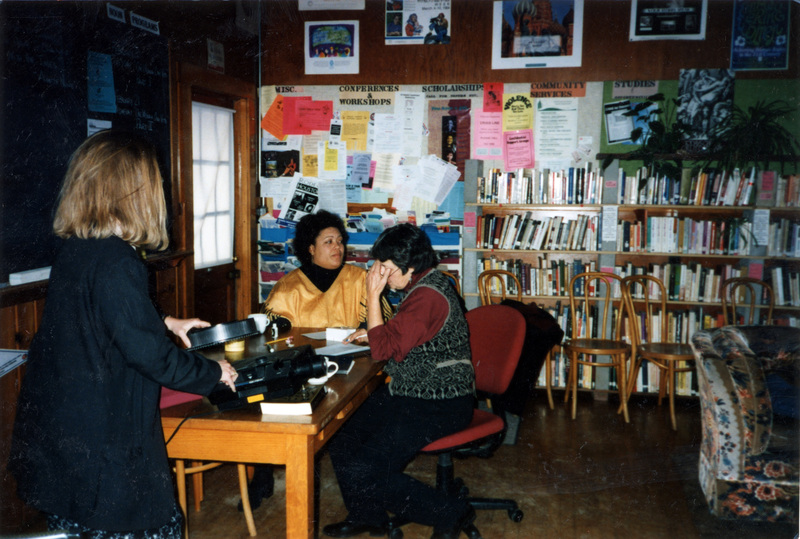 Susan Palmer (left), Betsy Thomas (right), and Jessica Samuels (center) in the Women's Center.