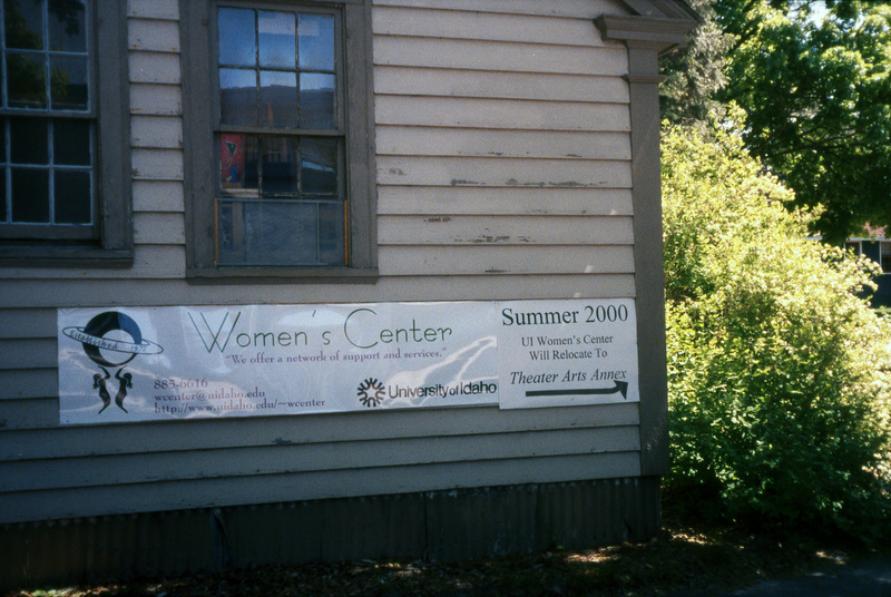 A shot of the Women's Center banner, reading "Women's Center: 'We offer a network of support and services,' 885-6616; wcenter@uidaho.edu; http://www.uidaho.edu/~wcenter; University of Idaho; Summer 2000 UI Women's Center Will Relocate to Theater Arts Annex" 