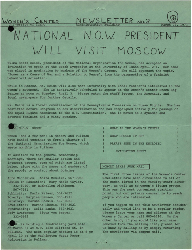 The March 27, 1973 issue of the Women's Center Newsletter, titled "Women's Center Newsletter No. 3."