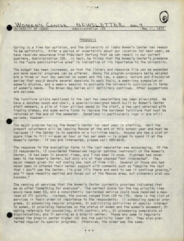 The May 11, 1973 issue of the Women's Center Newsletter, titled "Women's Center Newsletter No. 4."