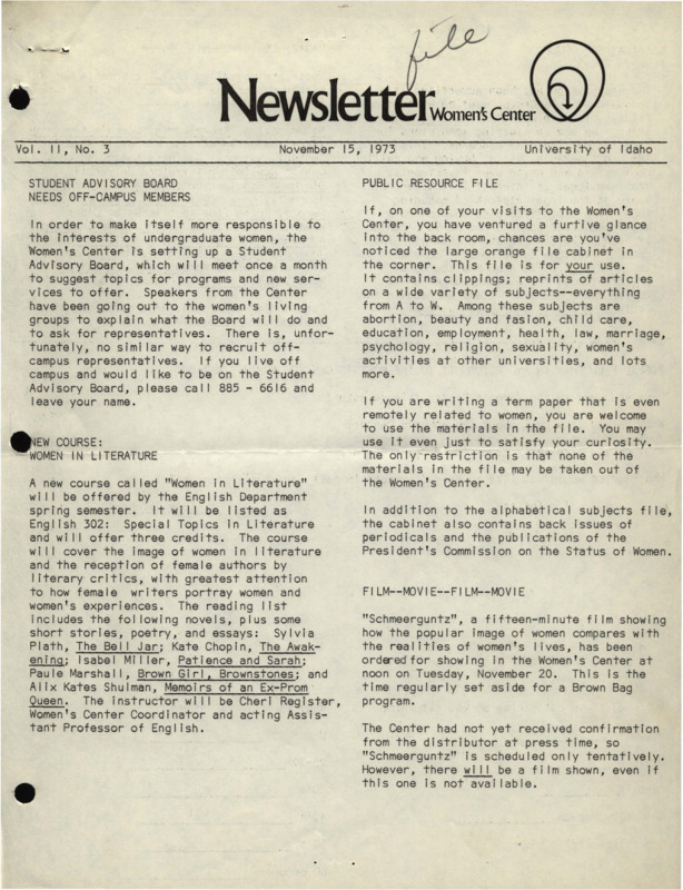 The November 15, 1973 issue of the Women's Center newsletter, titled "Newsletter."