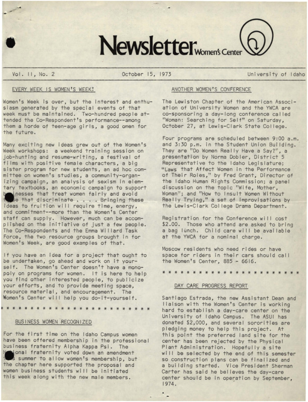 The October 15, 1973 issue of the Women's Center Newsletter, titled "Newsletter."