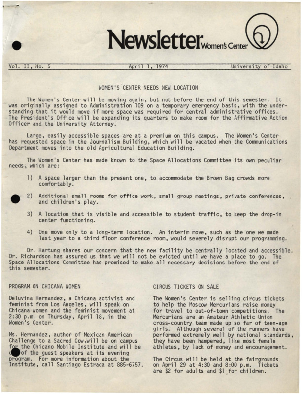 The April 1, 1974 issue of the Women's Center Newsletter, titled "Newsletter: Women's Center."