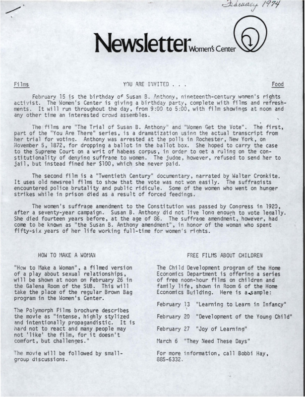The February 1974 issue of the Women's Center newsletter, titled "Newsletter: Women's Center."