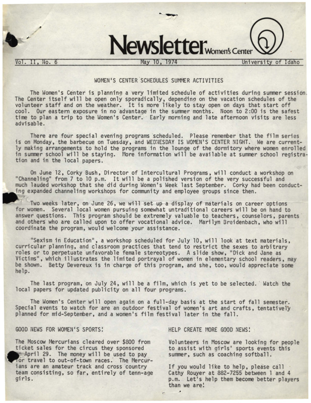 The May 10, 1974 issue of the Women's Center Newsletter, titled "Newsletter: Women's Center."