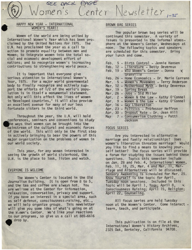 The January 1975 issue of the Women's Center Newsletter, titled "Women's Center Newsletter."