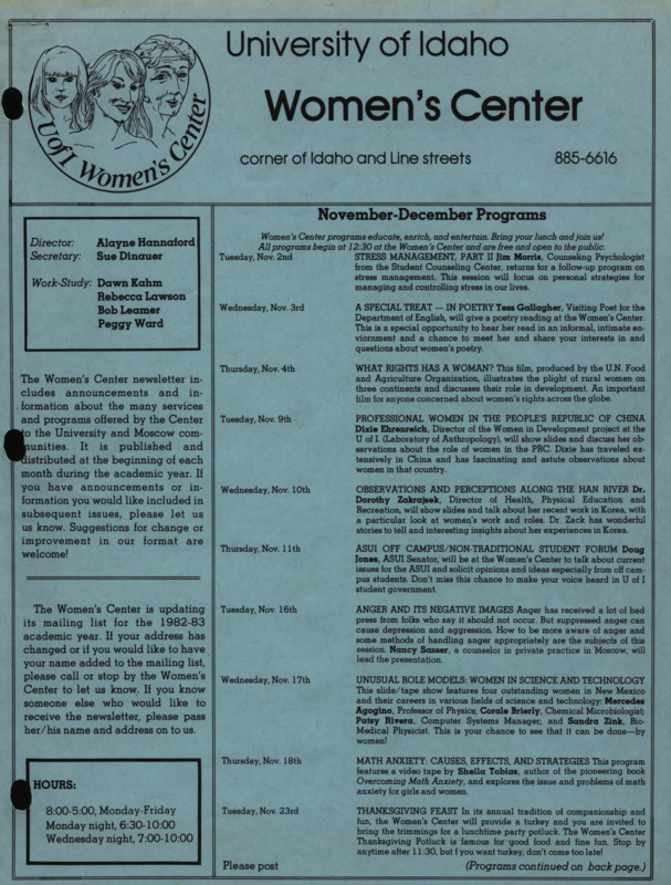 The November-December 1982 issue of the Women's Center Newsletter, titled "Women's Center November-December Programs."