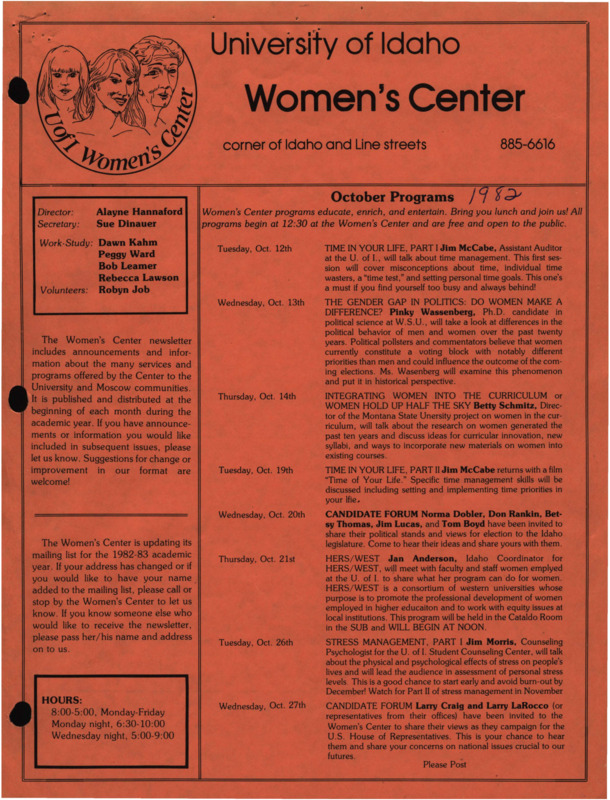 The October 1982 issue of the Women's Center Newsletter, titled "Women's Center October Programs."