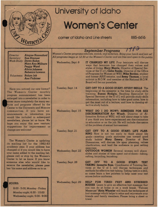 The September 1982 issue of the Women's Center Newsletter, titled "Women's Center September Programs."