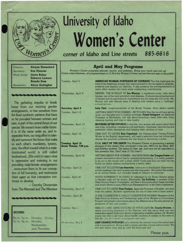 The April-May 1983 issue of the Women's Center Newsletter, titled "Women's Center April and May Programs."