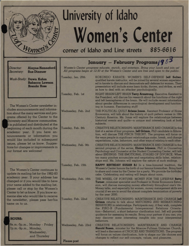 The January-February 1983 issue of the Women's Center Newsletter, titled "Women's Center January-February Programs."