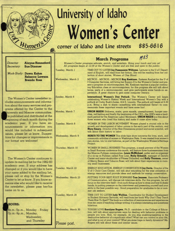 The March 1983 issue of the Women's Center Newsletter, titled "Women's Center March Programs."