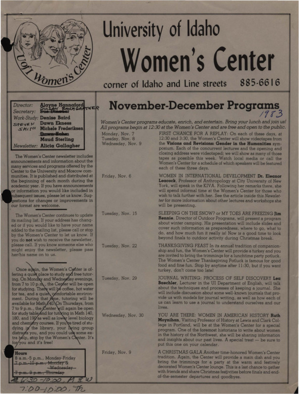 The November-December 1983 issue of the Women's Center Newsletter, titled "Women's Center November-December Programs."