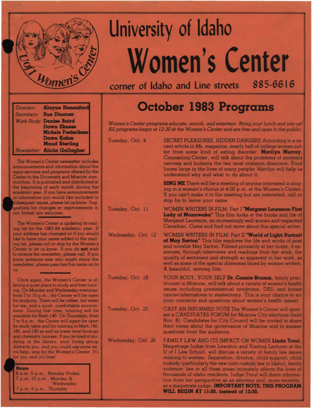 The October 1983 issue of the Women's Center Newsletter, titled "Women's Center October 1983 Programs."