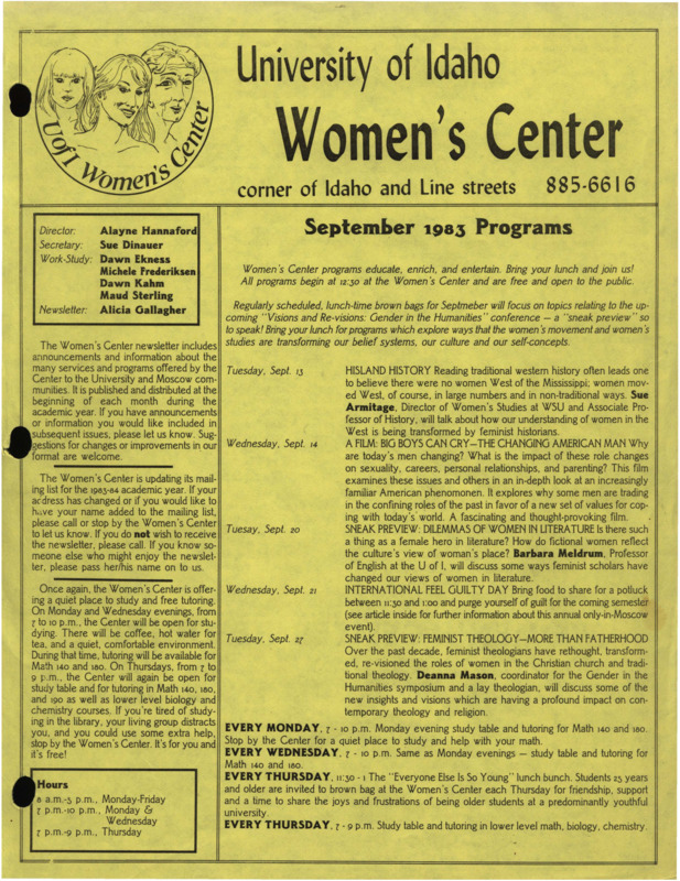 The September 1983 issue of the Women's Center Newsletter, titled "Women's Center September 1983 Programs."