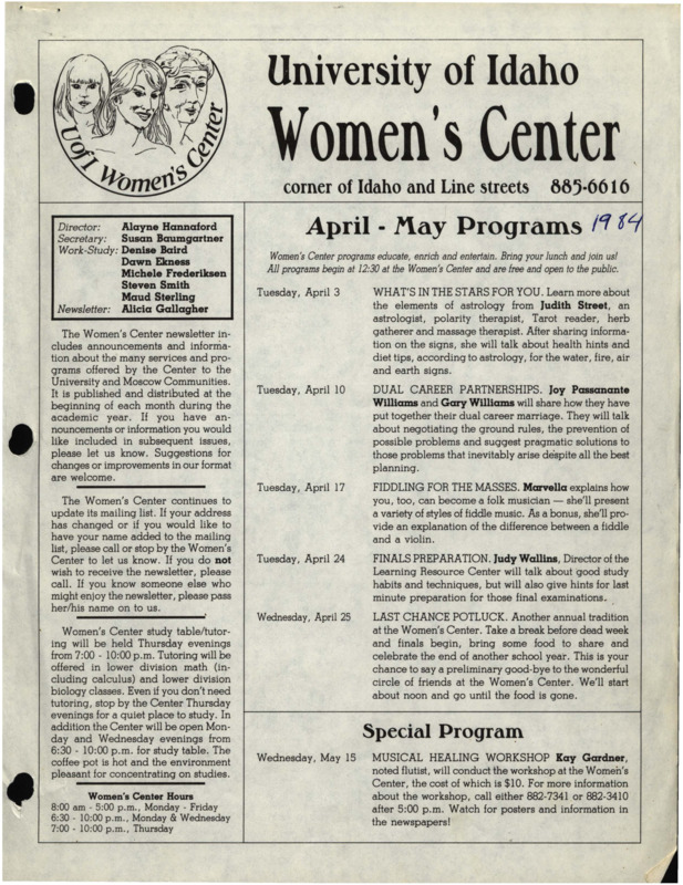 The April-May 1984 issue of the Women's Center Newsletter, titled "Women's Center April-May Programs."